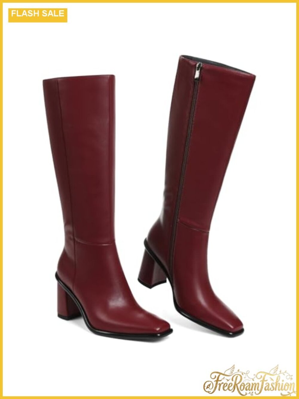 Faux Leather Wide Calf Knee High Boots Chunky Block Heel Tall Boots